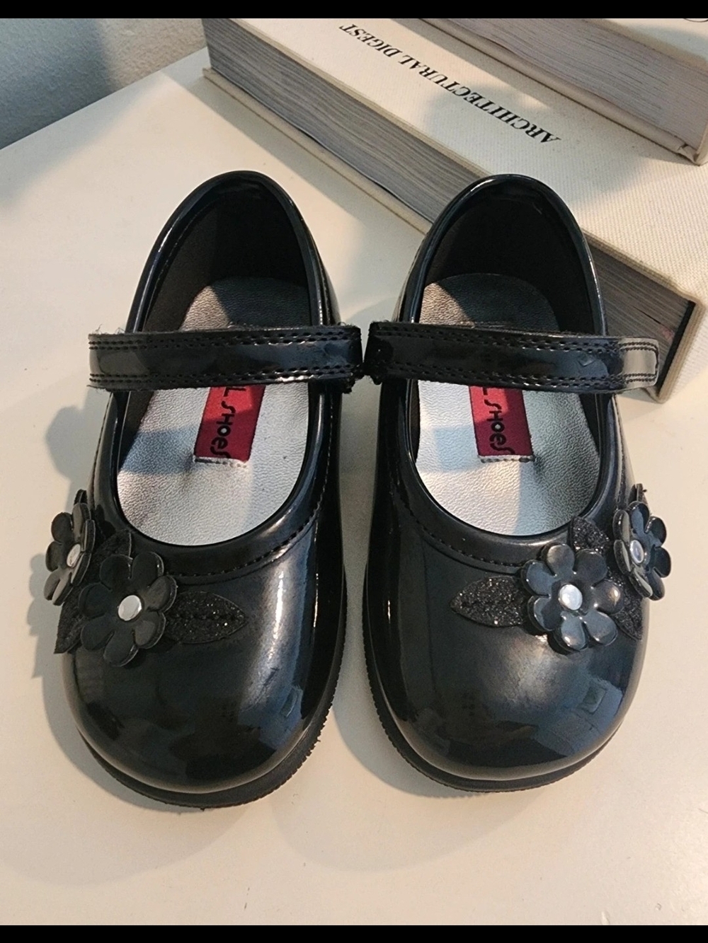 Rachel Shoes Black Patent Mary Janes with Flower Accent